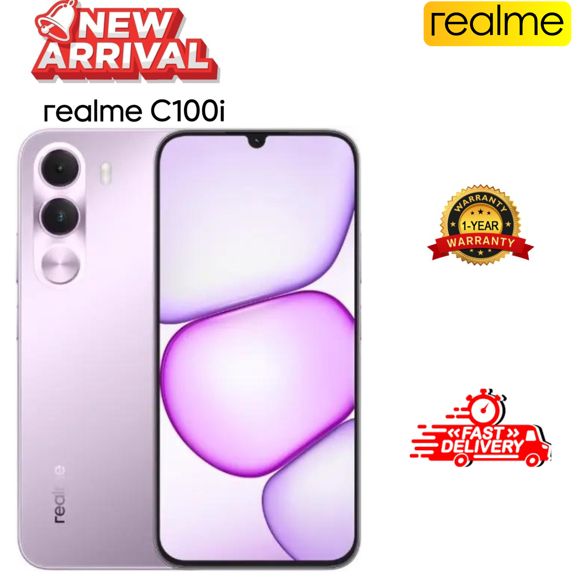 NEW ARRIVAL!!! Realme C100i, 120Hz, 6.8 Inch HD Display , 64GB./128GB/256GB ROM, 4GB/6GB RAM , Dawn Purple,7000 mAh Battery .