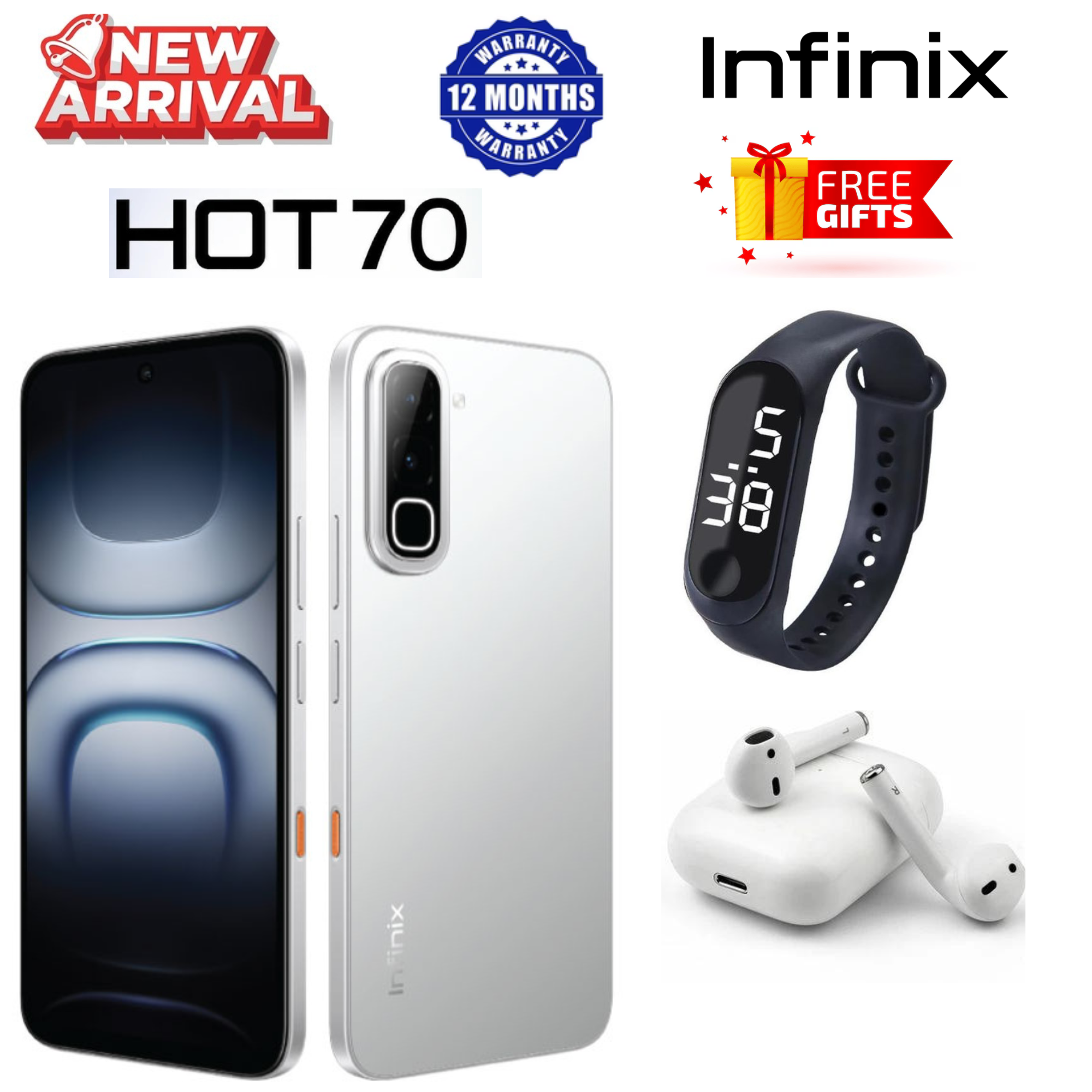 NEW ARRIVAL !!! INFINIX HOT70, Hot 70, 6.78 inches, 120Hz Display, 128GB ROM + 4 GB RAM +4 (Expandable to 8GB ), 50 MP Main Camera,6000 mAh , PLUS FREE GIFTS,STRAP-WATCH,i12tws. _ BLACK, BLUE , SILVER