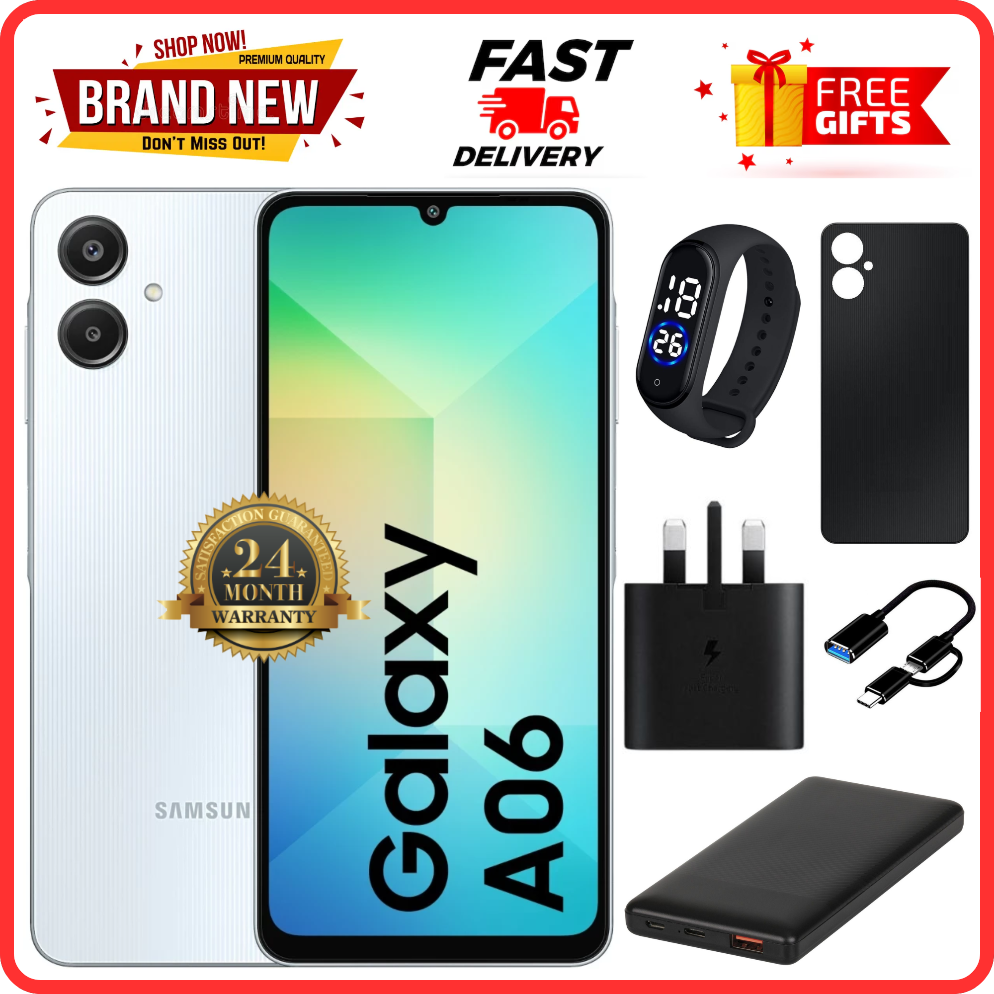 NEW ARRIVALS 🔥🔥🔥 BRAND NEW SAMSUNG A06 6.7 DISPLAY 4GB RAM + 64GB/128GB ROM 5000MAH SMARTPHONE DUAL SIM COMES WITH FREE GIFTS ( AIRPODS + SMART WATCH+ POWER BANK)