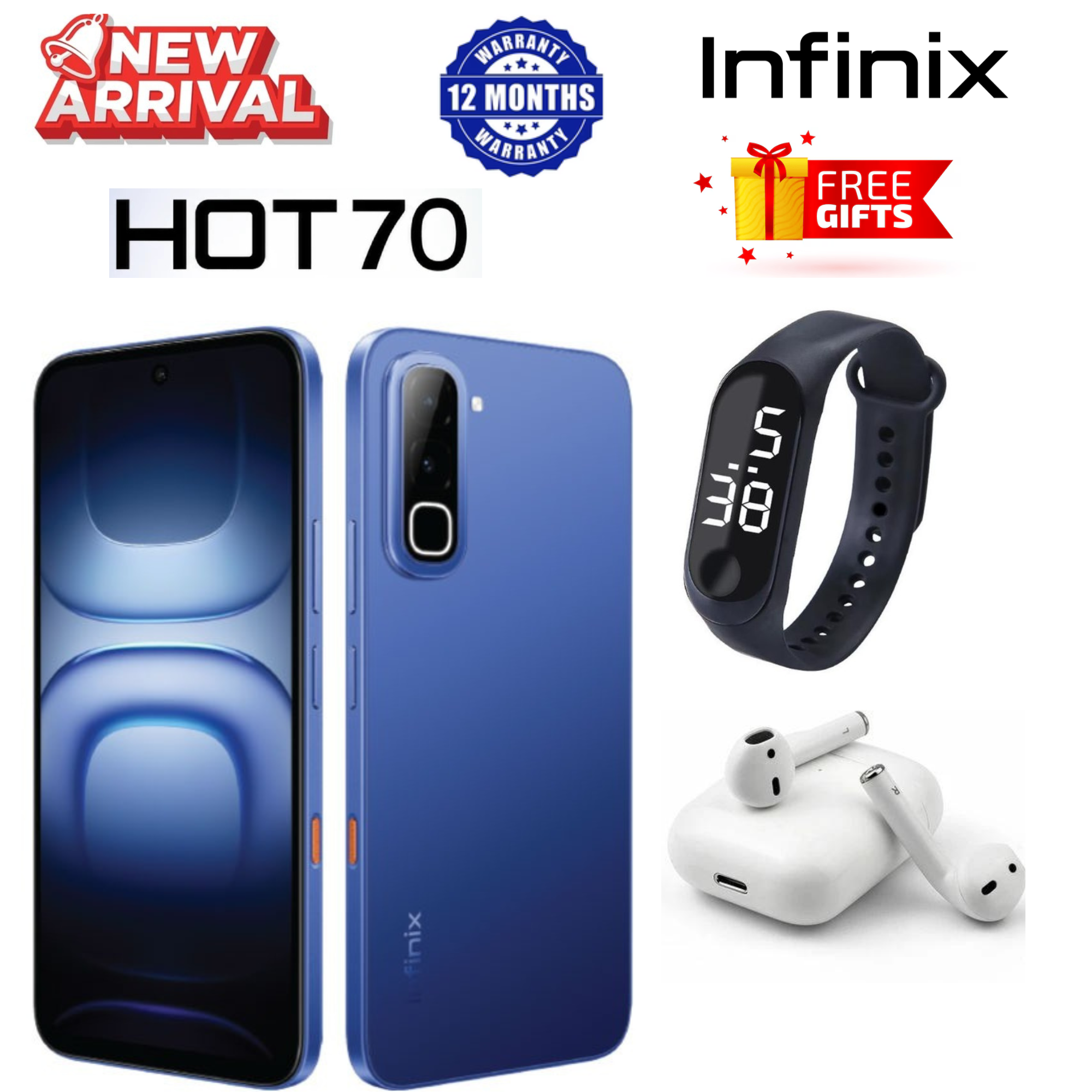 NEW ARRIVAL !!! INFINIX HOT70, Hot 70, 6.78 inches, 120Hz Display, 128GB ROM + 4 GB RAM +4 (Expandable to 8GB ), 50 MP Main Camera,6000 mAh , PLUS FREE GIFTS,STRAP-WATCH,i12tws. _ BLACK, BLUE , SILVER