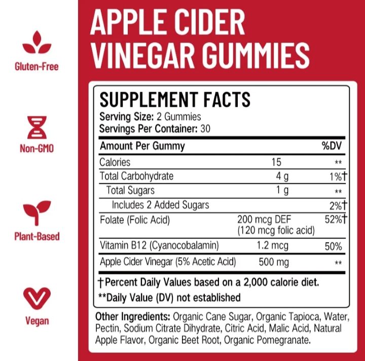 Daynee Apple Cider Vinegar Gummies - 1000mg per Serving - 60 Vegan Gummies - ACV Gummies for Detox, Weight Loss Support, Energy Boost, Digestion & Gut Health