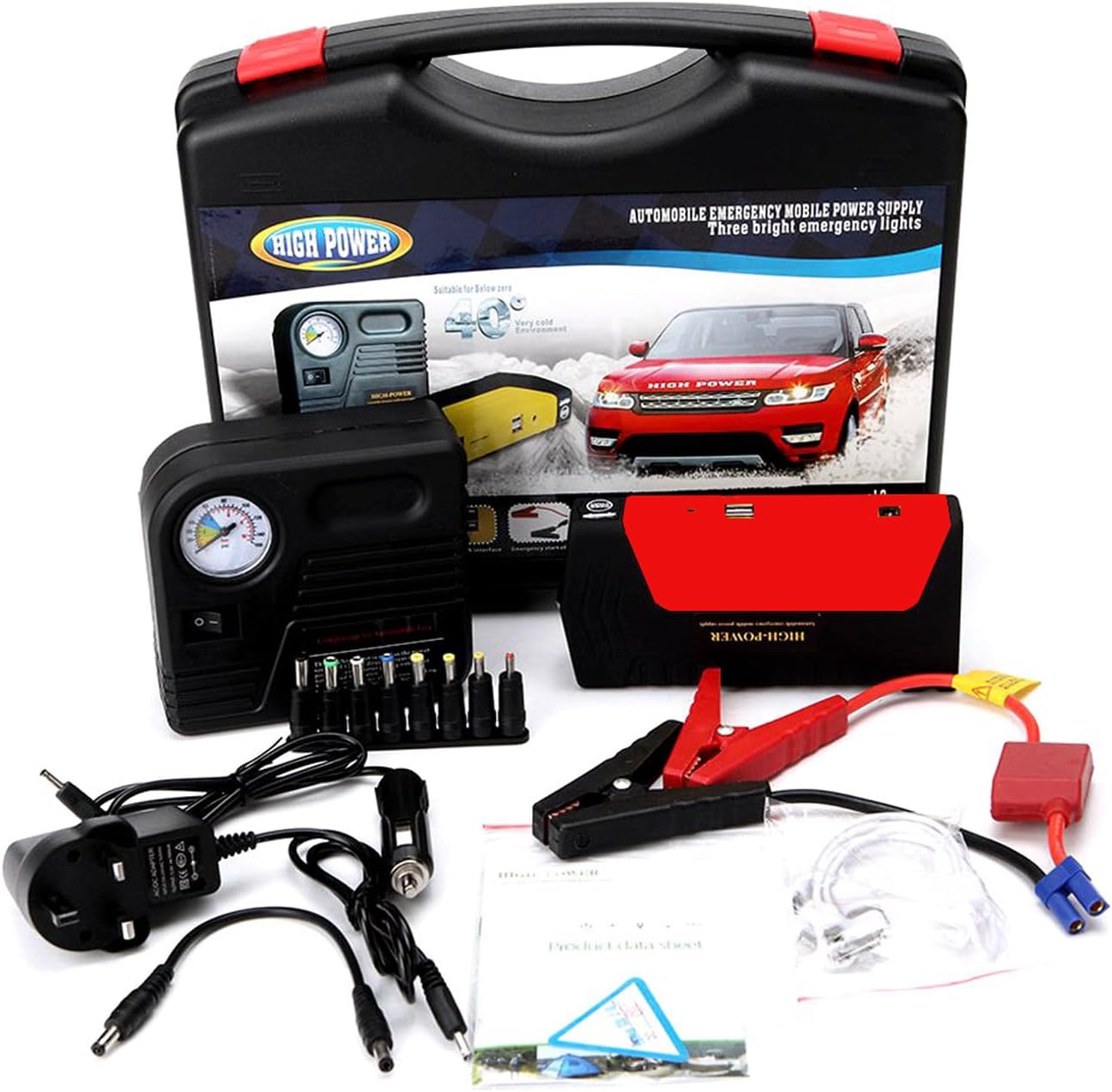 12V Car Jump Starter with Air Compressor Emergency Power Bank, Battery Charger, LED Light & Safety Kit for Petrol & Diesel Vehicles