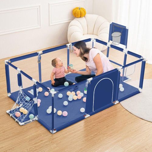 Baby Playpen Ball Pit with Basketball Hoop & Football Goal, Portable Kids Activity Play Yard with Zipper Door, Mesh Sides & Ball Pit for Toddlers
