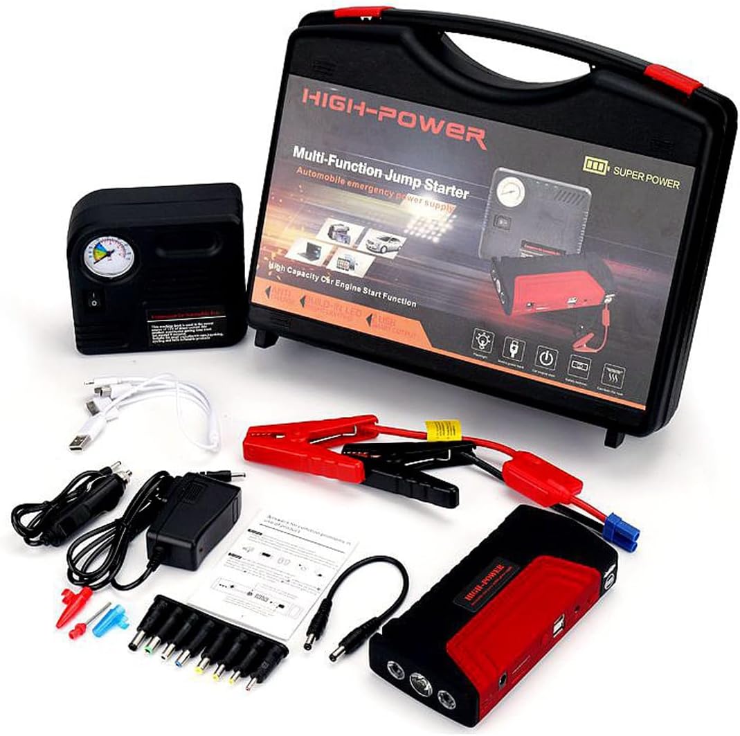 12V Car Jump Starter with Air Compressor Emergency Power Bank, Battery Charger, LED Light & Safety Kit for Petrol & Diesel Vehicles