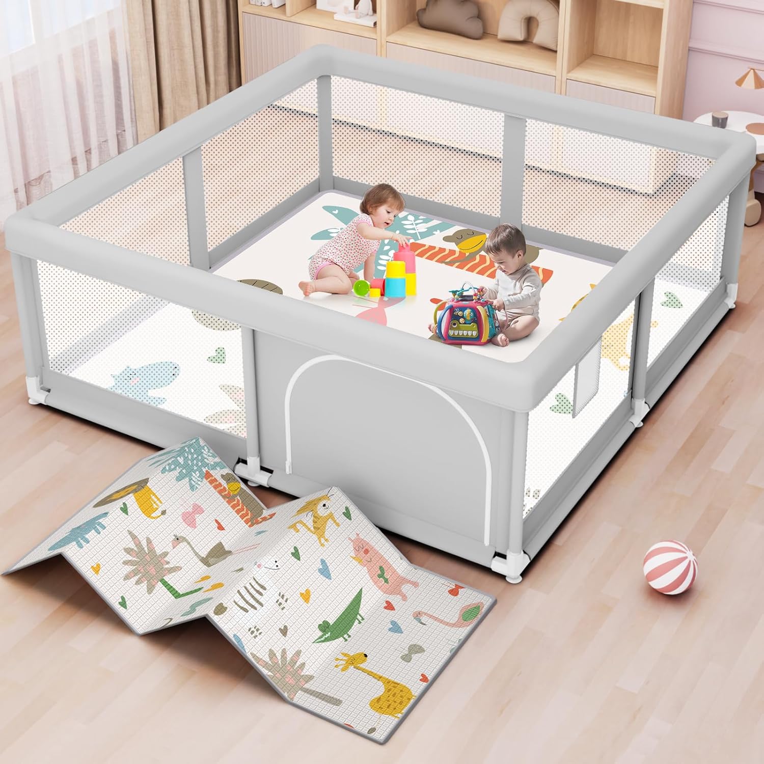 Baby Playpen Ball Pit with Basketball Hoop & Football Goal, Portable Kids Activity Play Yard with Zipper Door, Mesh Sides & Ball Pit for Toddlers