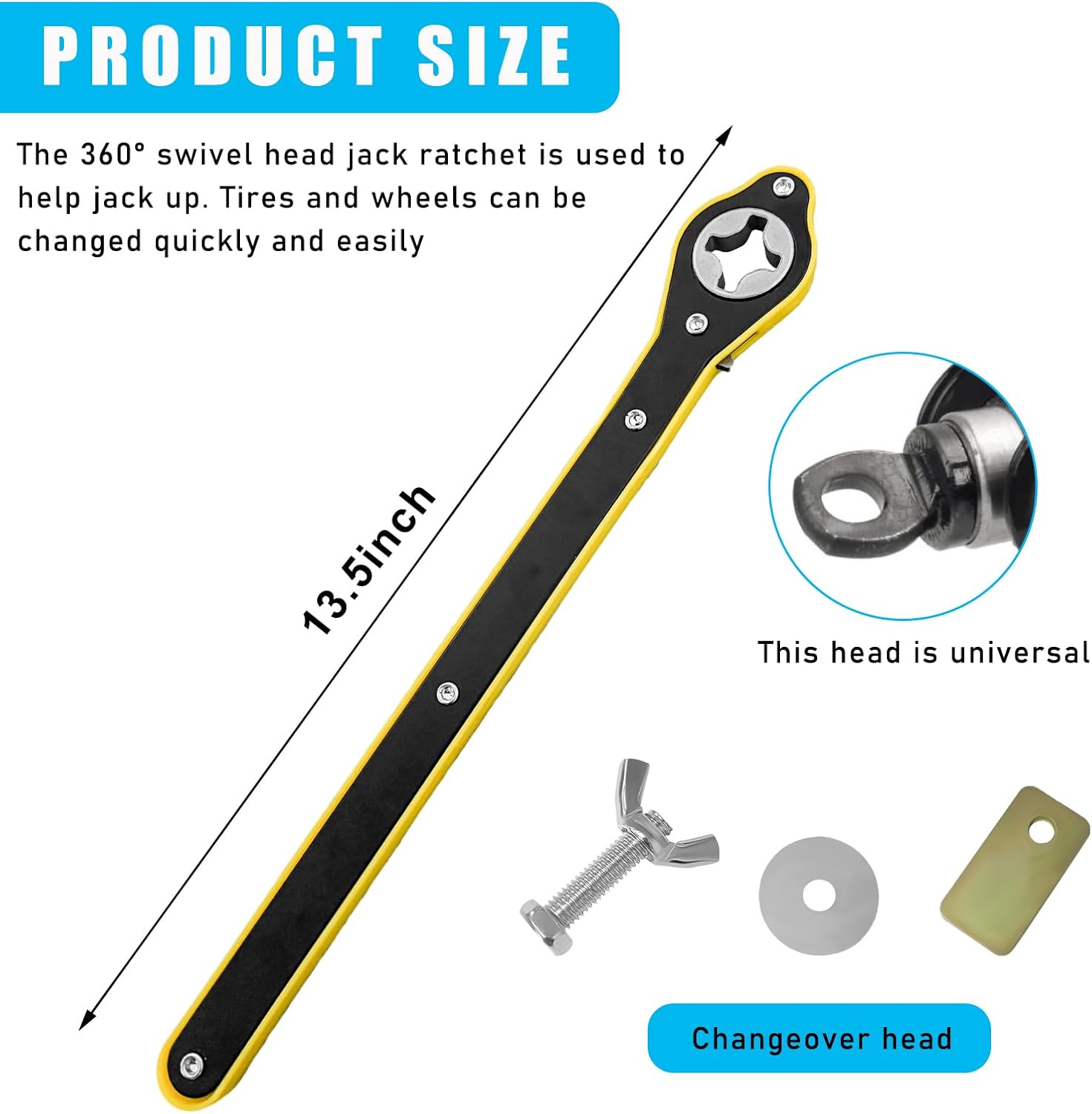 360° Swivel Head Car Jack Ratchet Wrench 13.5 Inch Labor-Saving Scissor Jack Handle with Forward & Reverse Switch for Cars, SUVs & Vans