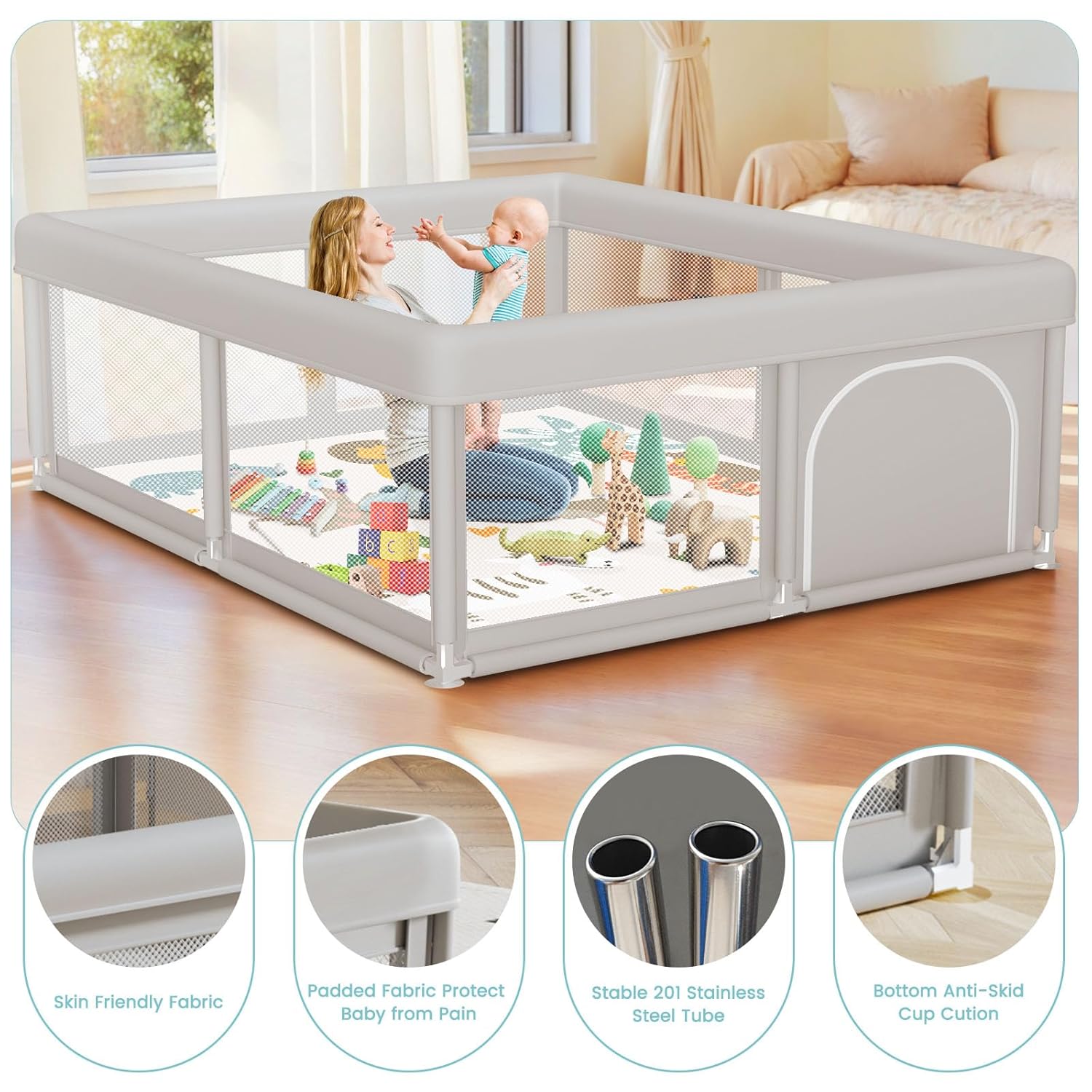 Baby Playpen Ball Pit with Basketball Hoop & Football Goal, Portable Kids Activity Play Yard with Zipper Door, Mesh Sides & Ball Pit for Toddlers