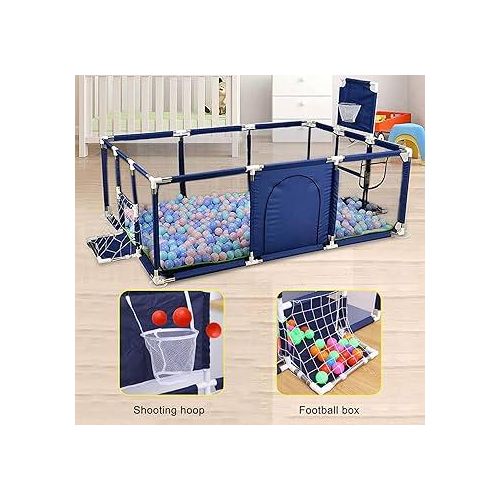 Baby Playpen Ball Pit with Basketball Hoop & Football Goal, Portable Kids Activity Play Yard with Zipper Door, Mesh Sides & Ball Pit for Toddlers
