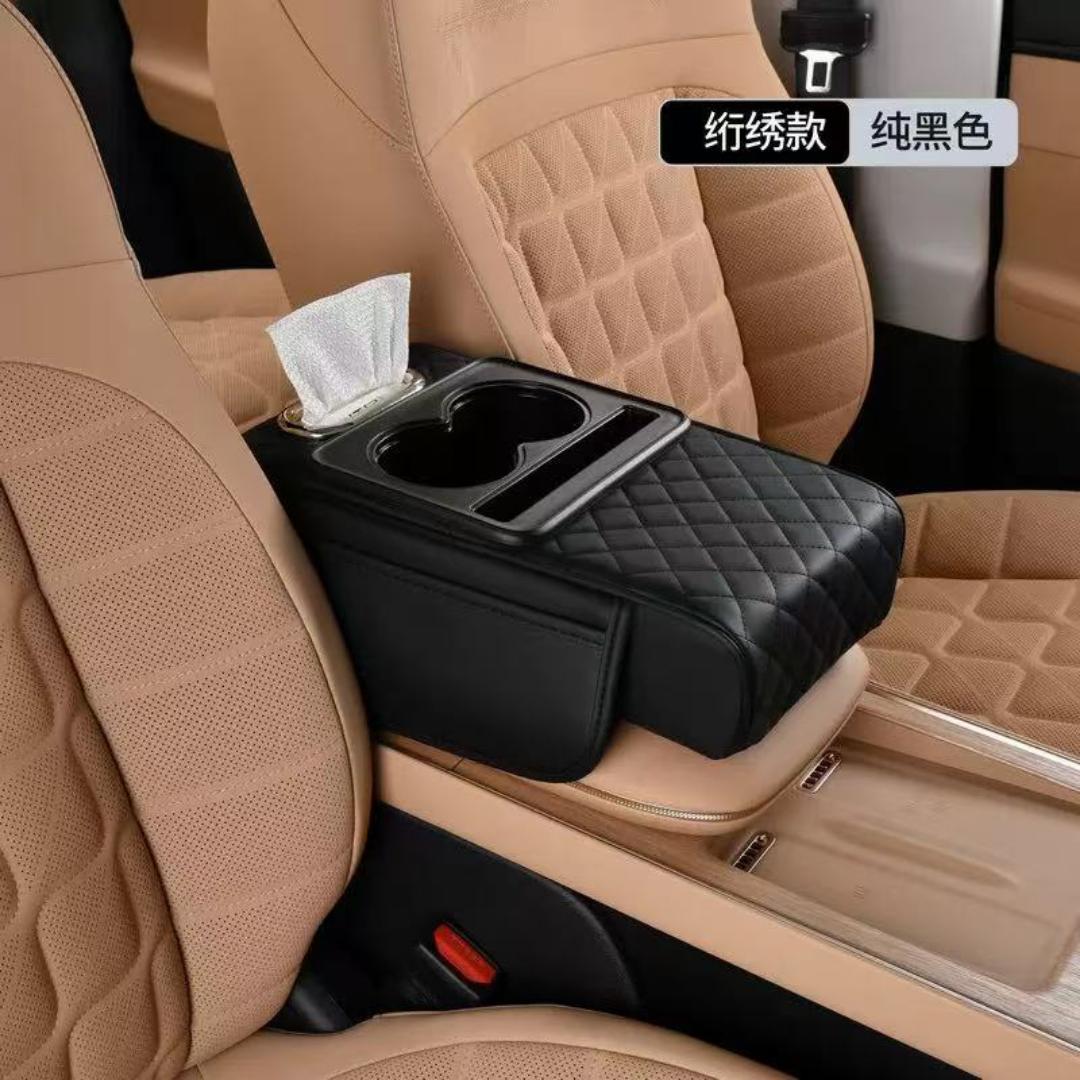 Auto center console armrest cushion with 2 cups holder,tissue holder,side storage 4 in 1 multipurpose