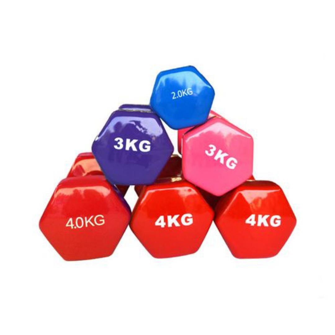 Hexagonal dumbbells ranging in weight from 1kg to 5kg.