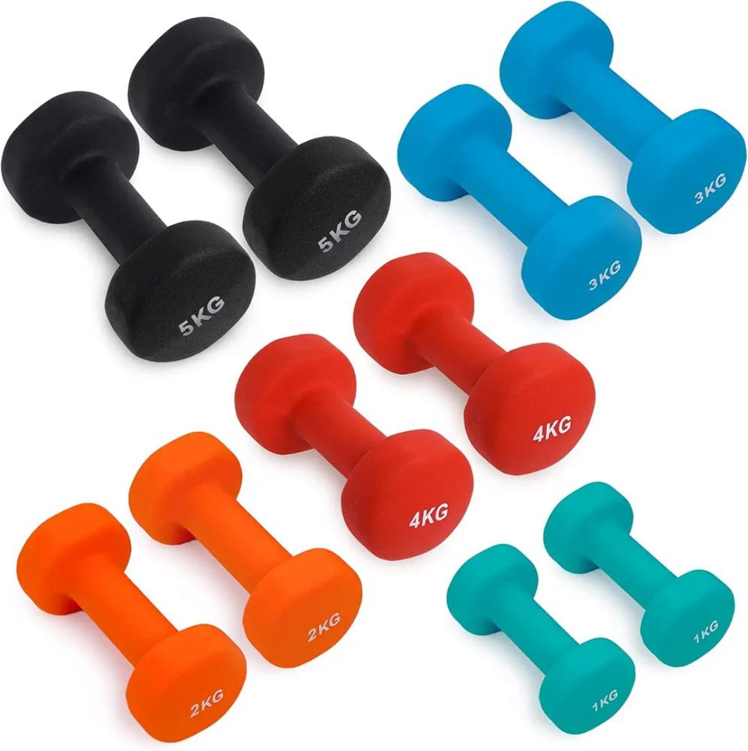 Hexagonal dumbbells ranging in weight from 1kg to 5kg.