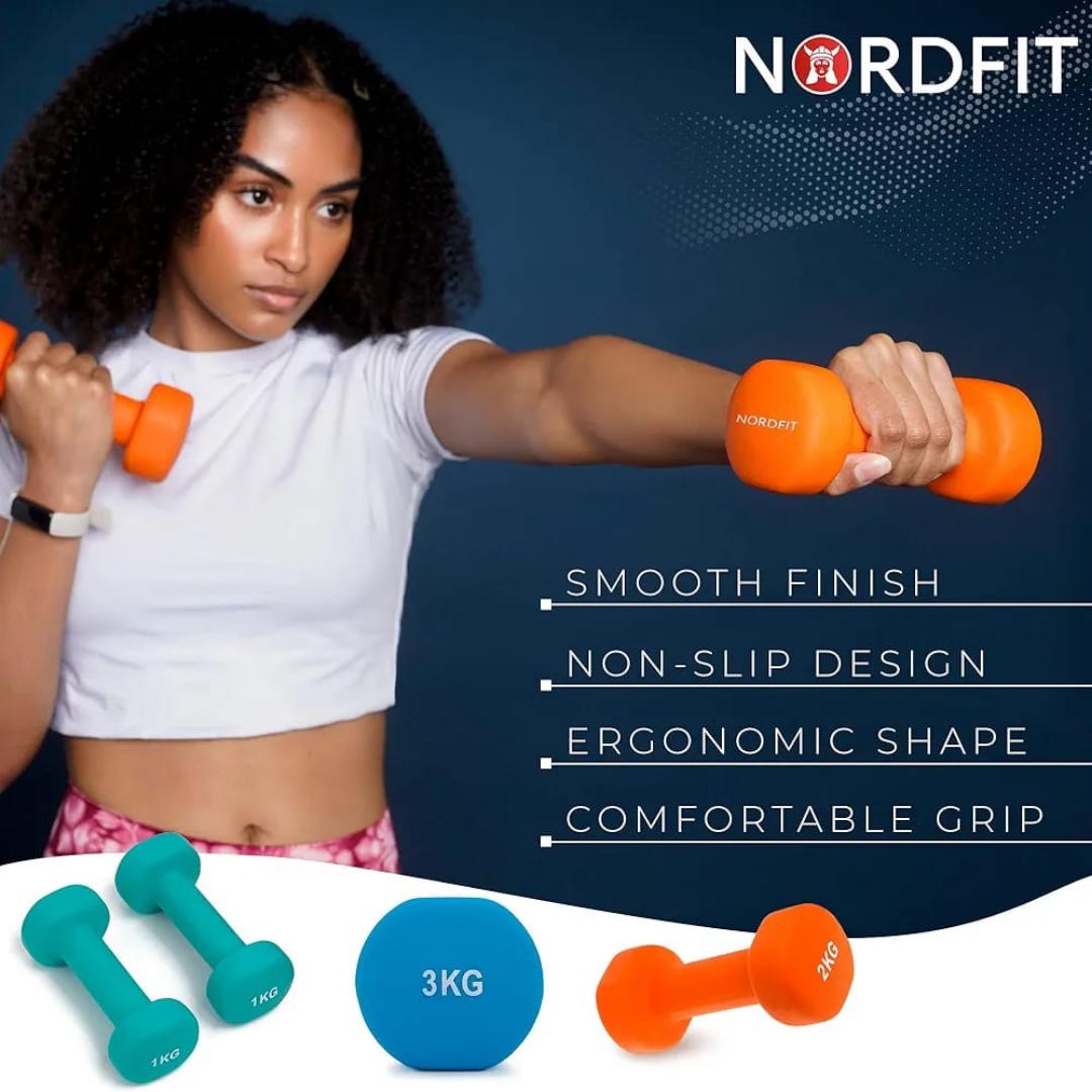 Hexagonal dumbbells ranging in weight from 1kg to 5kg.