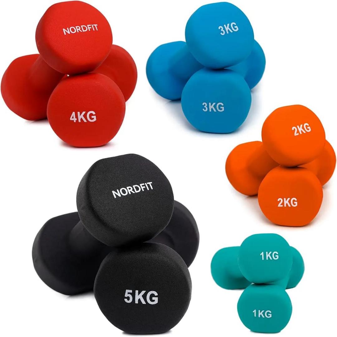 Hexagonal dumbbells ranging in weight from 1kg to 5kg.