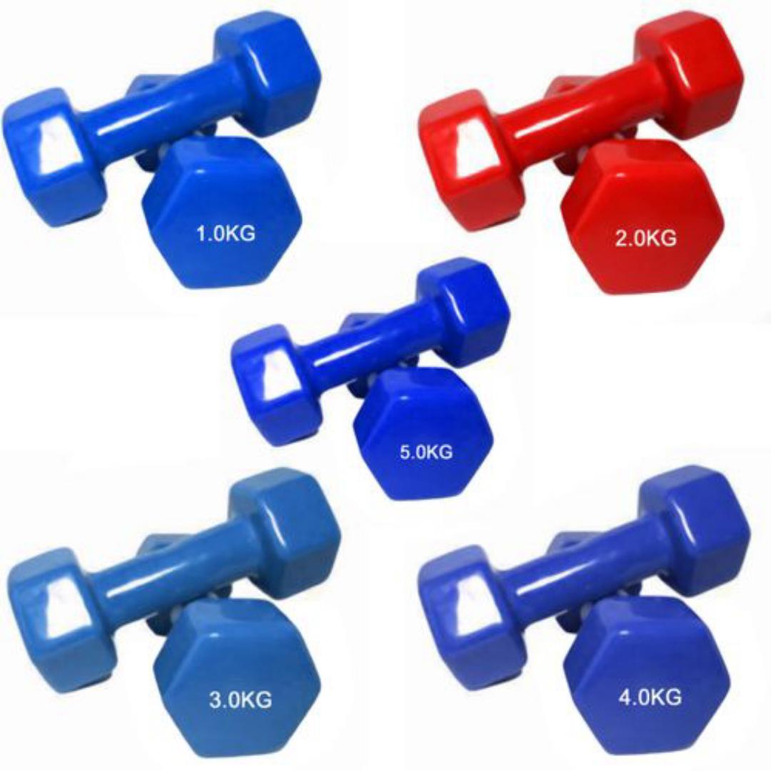 Hexagonal dumbbells ranging in weight from 1kg to 5kg.
