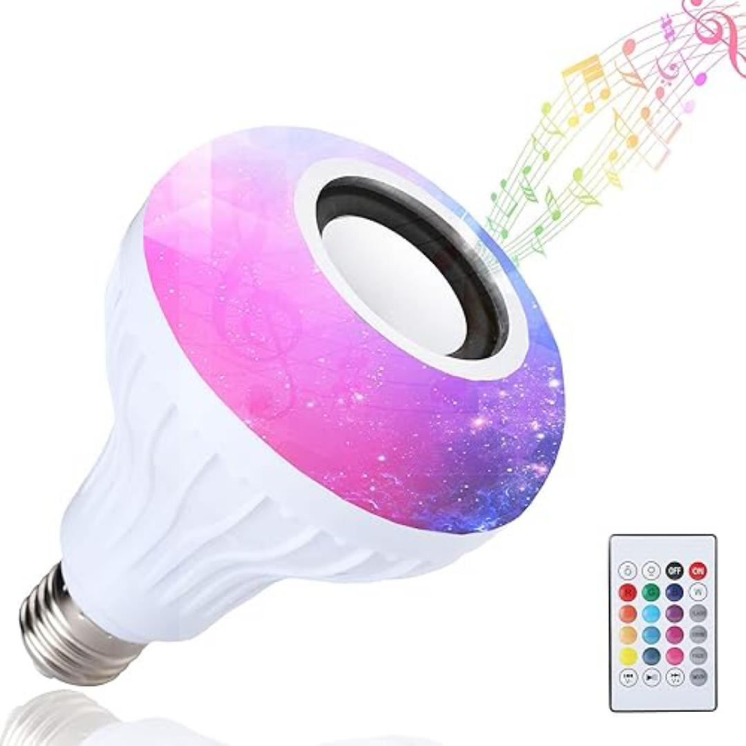 Bluetooth-enabled RGB smart LED light bulb with a built-in stereo speaker.