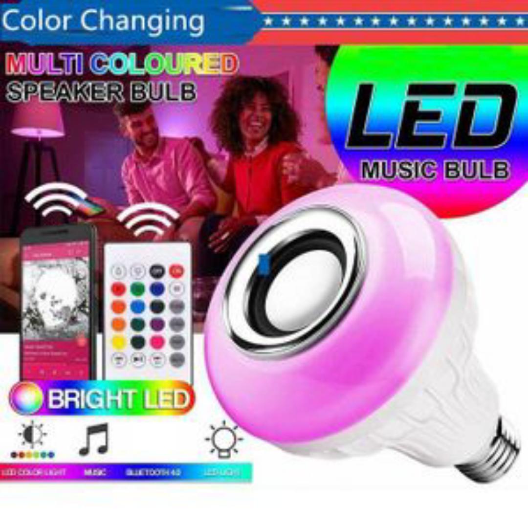 Bluetooth-enabled RGB smart LED light bulb with a built-in stereo speaker.