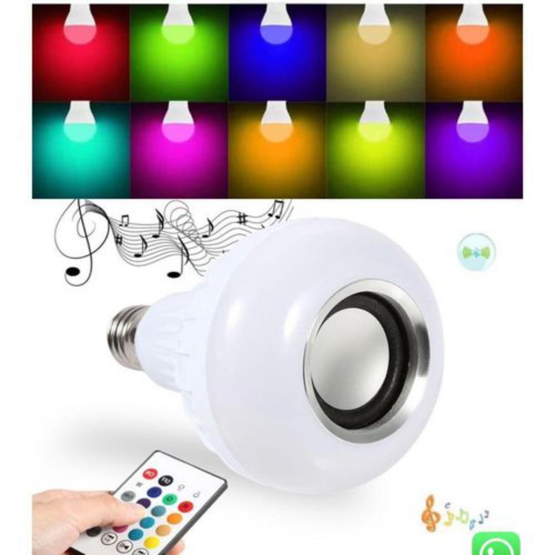 Bluetooth-enabled RGB smart LED light bulb with a built-in stereo speaker.