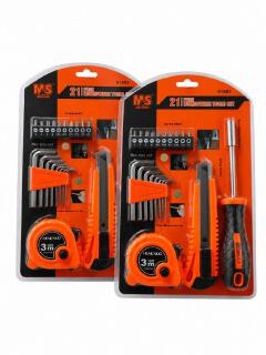 21-Piece Professional Homeowner Tool Set featuring  utility knife, a 3-meter tape measure, a hex key set, a screwdriver handle, and assorted driver bits.