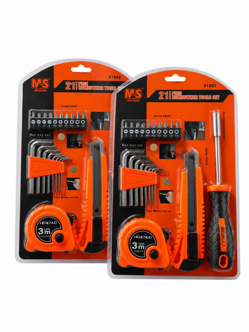 21-Piece Professional Homeowner Tool Set featuring  utility knife, a 3-meter tape measure, a hex key set, a screwdriver handle, and assorted driver bits.