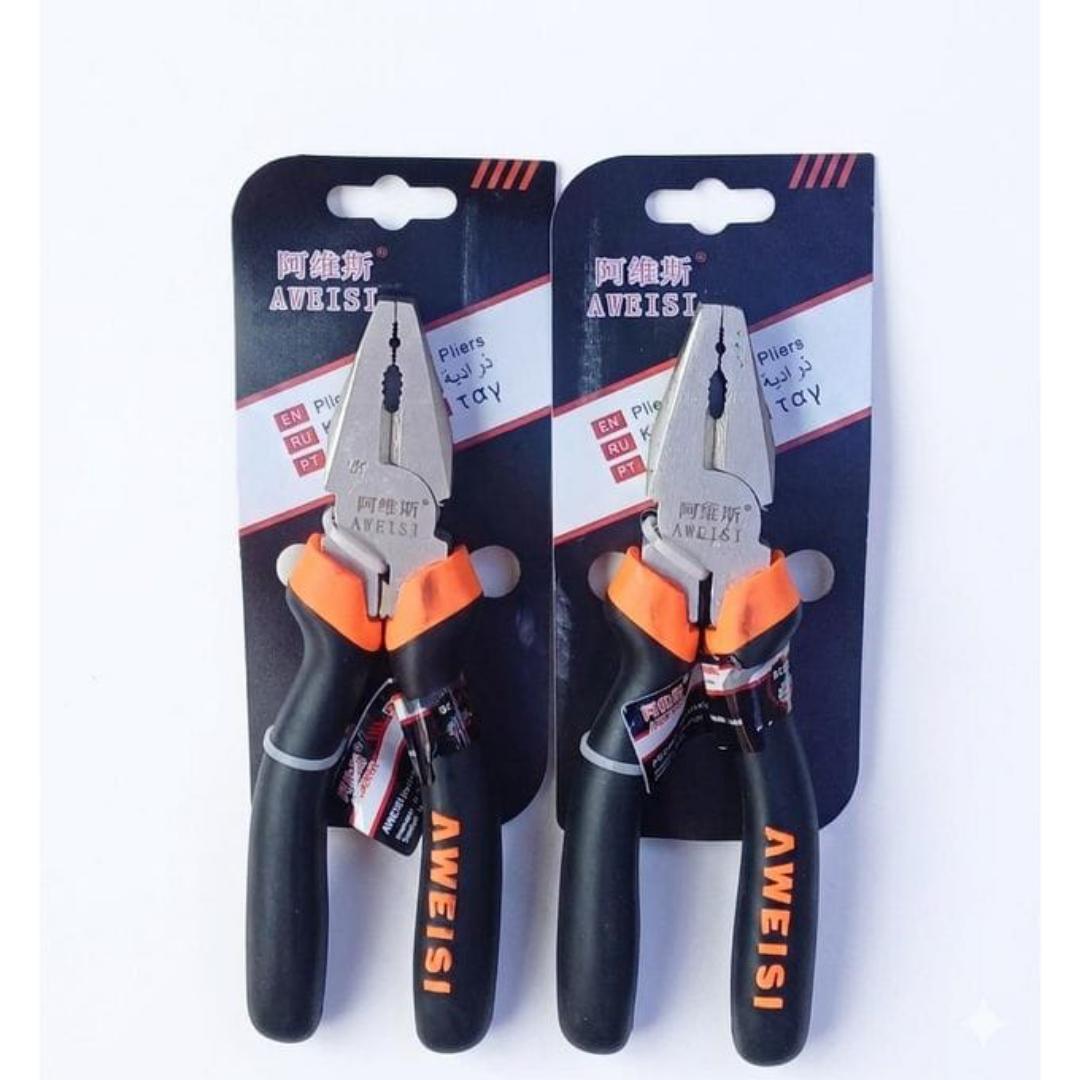 Combination pliers packaged with ergonomic black and orange rubber handles and a polished metal head.