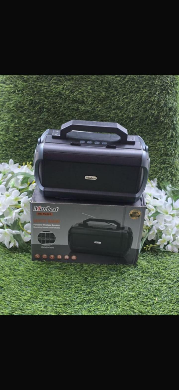 MB-TM46S Portable Wireless Speaker compact black audio device featuring a top carry handle and built-in FM radio capabilities.