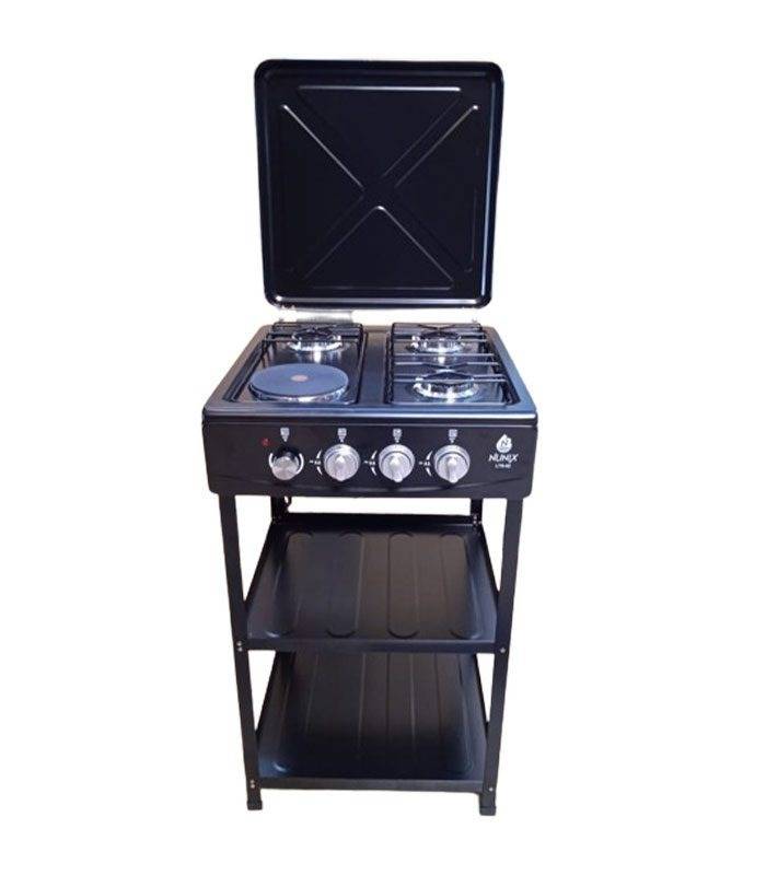 NUNIX 3+1 Automatic Standing Gas Cooker with Sleeves – 3 Gas Burners + 1 Electric Plate, Sturdy Design, Easy Ignition, Durable Build & Perfect Kitchen Cooking Solution 🔥🍳✨
