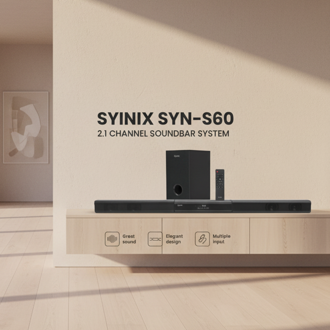 🎶 Synix Soundbar SYN-S60 Premium Soundbar 🔊 60W Powerful Bass 💥 Crystal Clear Audio 🎧 Bluetooth & AUX Connectivity 📱 Sleek Design for TVs, Phones & Home Theatres 🖥️🎼