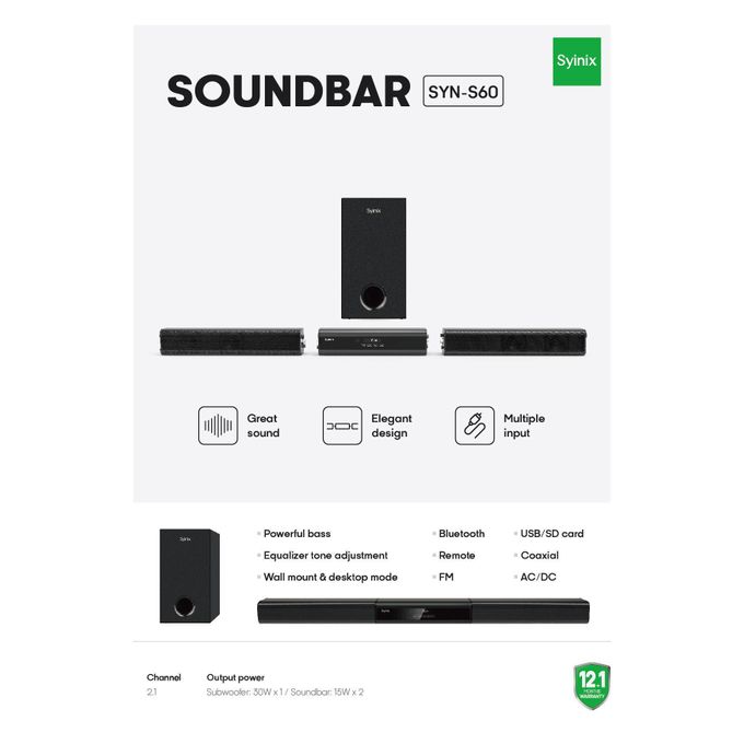 🎶 Synix Soundbar SYN-S60 Premium Soundbar 🔊 60W Powerful Bass 💥 Crystal Clear Audio 🎧 Bluetooth & AUX Connectivity 📱 Sleek Design for TVs, Phones & Home Theatres 🖥️🎼