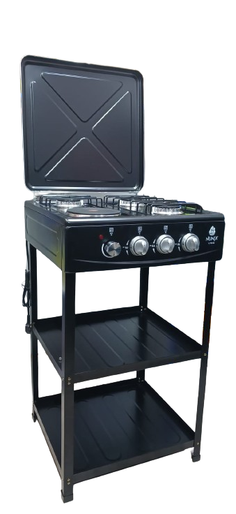 NUNIX 3+1 Automatic Standing Gas Cooker with Sleeves – 3 Gas Burners + 1 Electric Plate, Sturdy Design, Easy Ignition, Durable Build & Perfect Kitchen Cooking Solution 🔥🍳✨