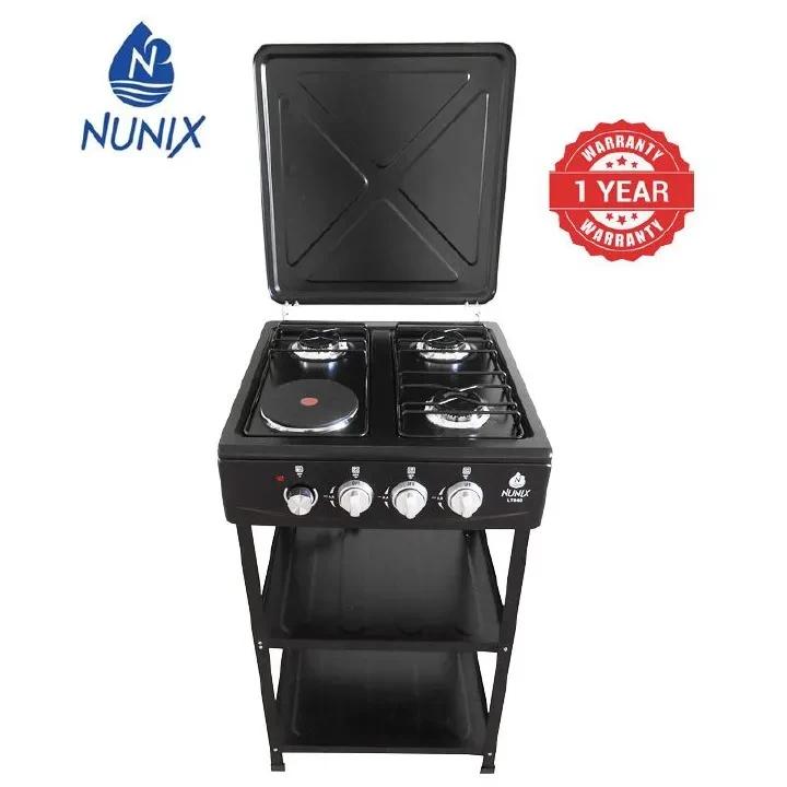 NUNIX 3+1 Automatic Standing Gas Cooker with Sleeves – 3 Gas Burners + 1 Electric Plate, Sturdy Design, Easy Ignition, Durable Build & Perfect Kitchen Cooking Solution 🔥🍳✨