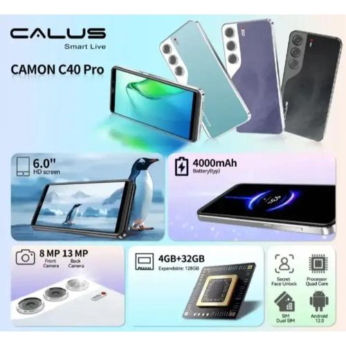 ON OFFER!! CALUS CAMON 40 PRO STORAGE 32GB ROM+4GB RAM DUAL SIM BATTERY 4000MAH FACE UNLOCK ANDROID SMART PHONE 12HD SCREEN 6'' CAMERA FRONT: 8MP+BACK 13MP