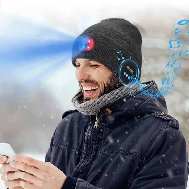 Bluetooth unisex Beanie Hats, Hand Free Wireless Headphone, led headlamp, 22hrs playtime, strong bas and clear calls, washable bluetooth hat. fast charge