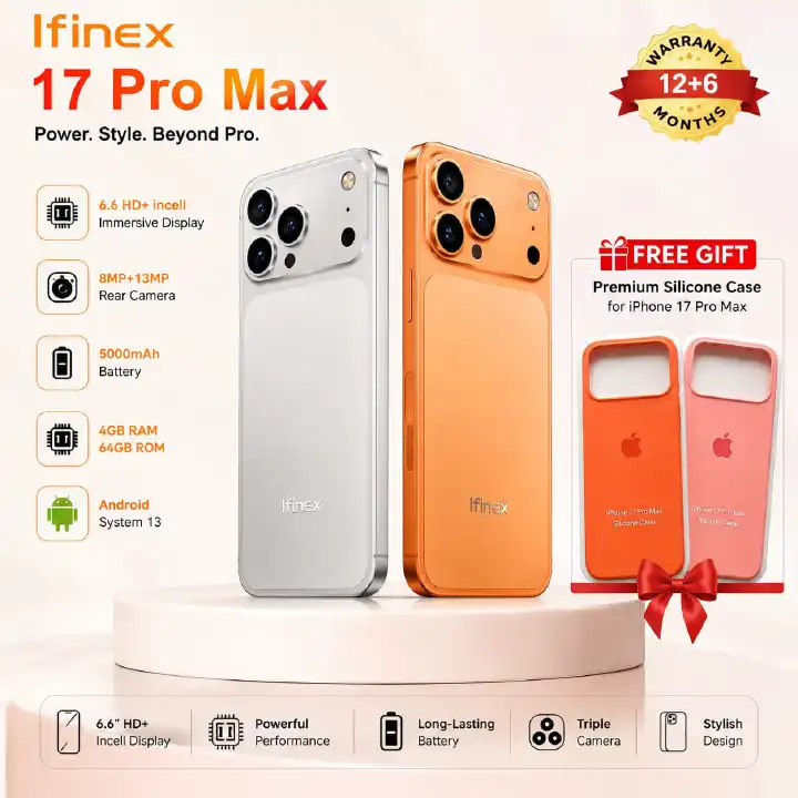 LIMITED OFFER!, NEW ARRIVALS Ifinex 17 PRO MAX 64GB ROM+4GB RAM, BATTERY 5000MAH SCREEN 6.6’’ HD+INCELL ,WITH AN IPHONE COVER GIFT, FACE UNLOCK ANDROID 13 4G NETWORK SMART PHONES CAMERA 8MP + 13MP
