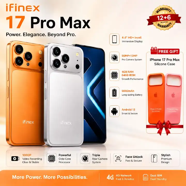 LIMITED OFFER!, NEW ARRIVALS Ifinex 17 PRO MAX 64GB ROM+4GB RAM, BATTERY 5000MAH SCREEN 6.6’’ HD+INCELL ,WITH AN IPHONE COVER GIFT, FACE UNLOCK ANDROID 13 4G NETWORK SMART PHONES CAMERA 8MP + 13MP