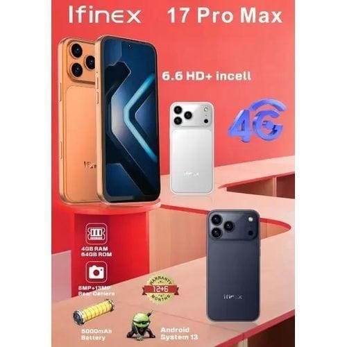 LIMITED OFFER!, NEW ARRIVALS Ifinex 17 PRO MAX 64GB ROM+4GB RAM, BATTERY 5000MAH SCREEN 6.6’’ HD+INCELL ,WITH AN IPHONE COVER GIFT, FACE UNLOCK ANDROID 13 4G NETWORK SMART PHONES CAMERA 8MP + 13MP