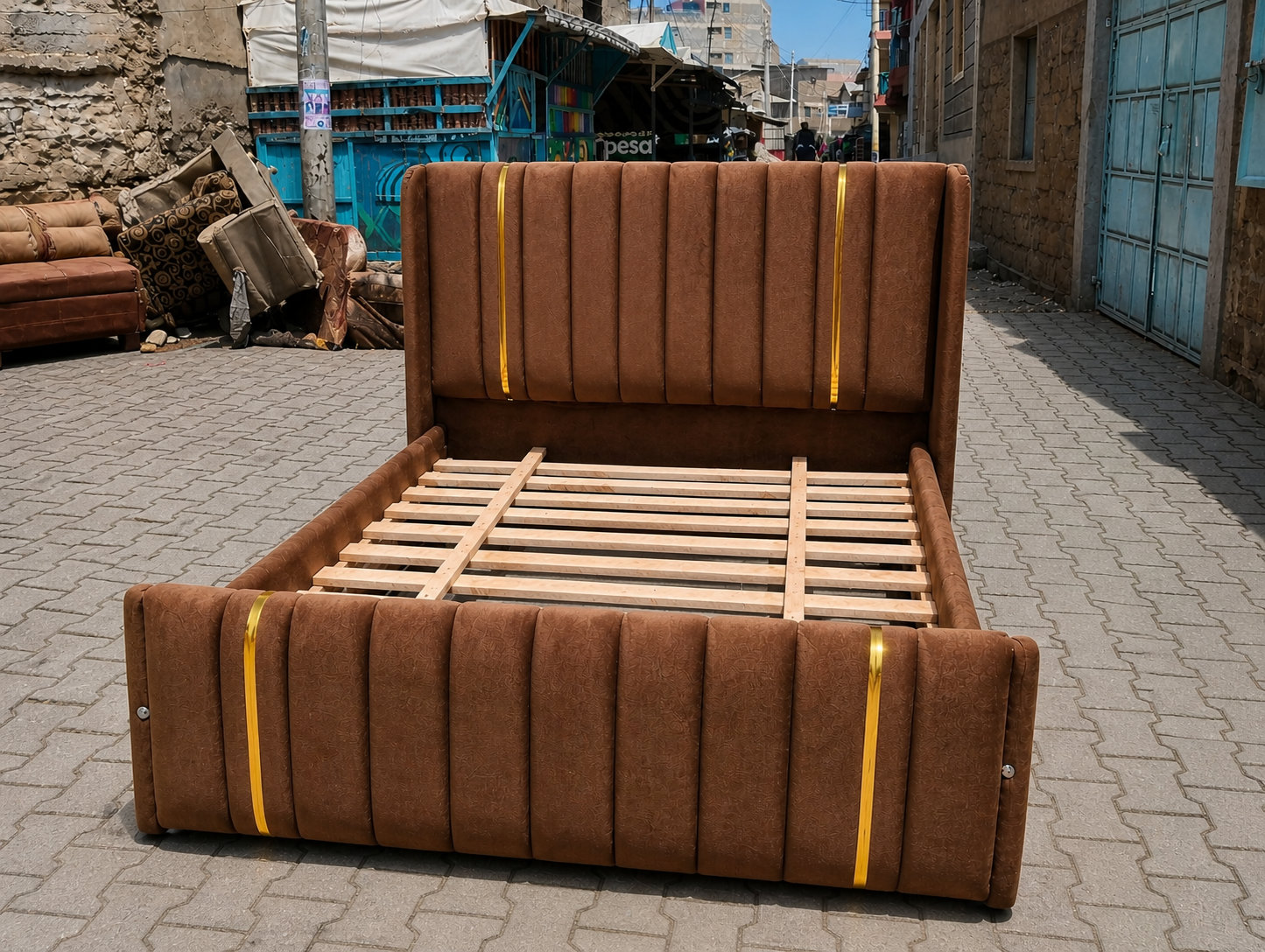 (OFFER!!!) Modern Upholstered Bed Frame – Black/Beige/Brown/Grey Velvet with Vertical Panel Design & Golden Accent Straps (Without mattress) 4*6ft, 5*6ft & 6*6ft Made In Kenya