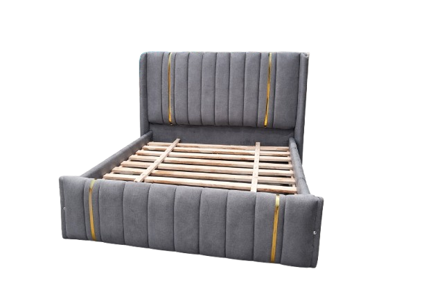 (OFFER!!!) Modern Upholstered Bed Frame – Black/Beige/Brown/Grey Velvet with Vertical Panel Design & Golden Accent Straps (Without mattress) 4*6ft, 5*6ft & 6*6ft Made In Kenya