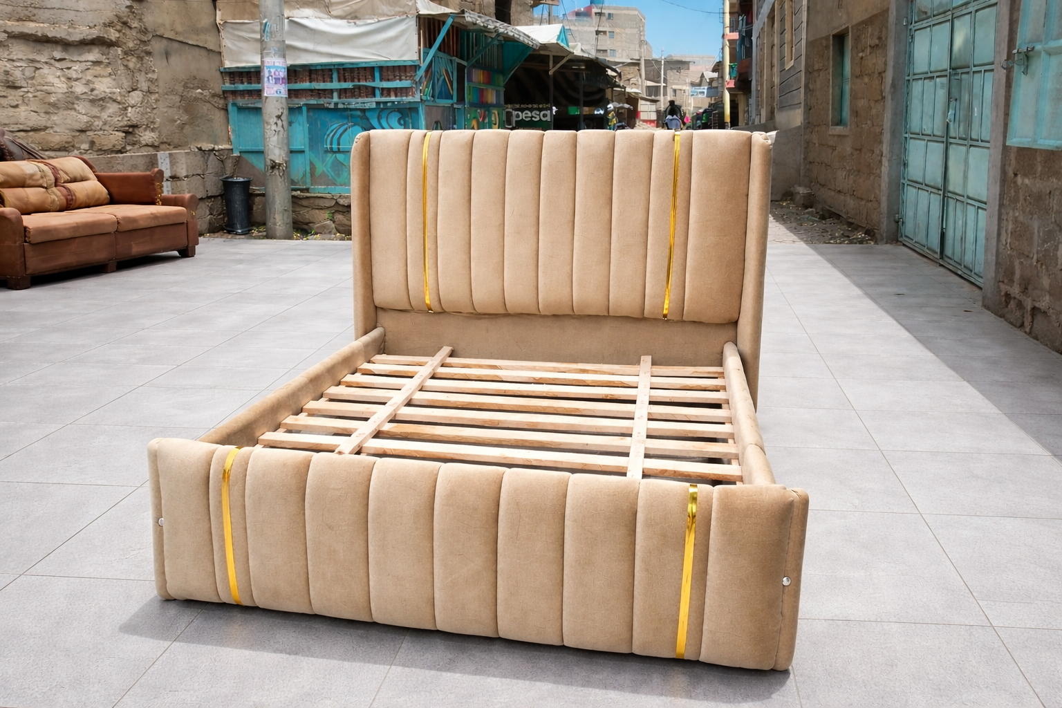 (OFFER!!!) Modern Upholstered Bed Frame – Black/Beige/Brown/Grey Velvet with Vertical Panel Design & Golden Accent Straps (Without mattress) 4*6ft, 5*6ft & 6*6ft Made In Kenya