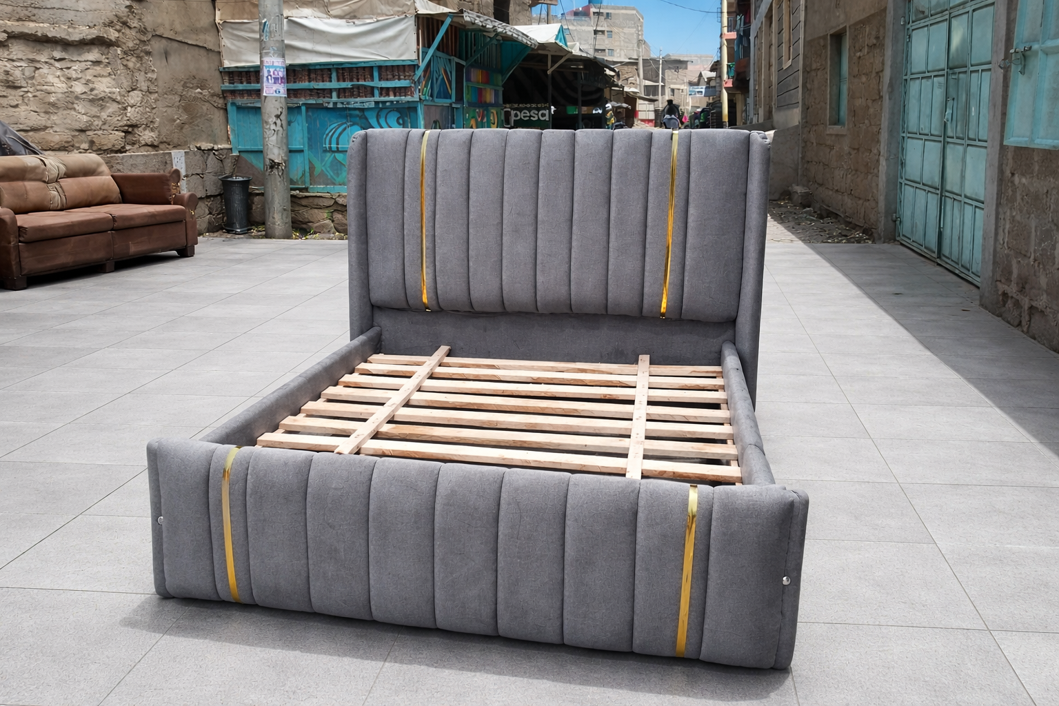 (OFFER!!!) Modern Upholstered Bed Frame – Black/Beige/Brown/Grey Velvet with Vertical Panel Design & Golden Accent Straps (Without mattress) 4*6ft, 5*6ft & 6*6ft Made In Kenya