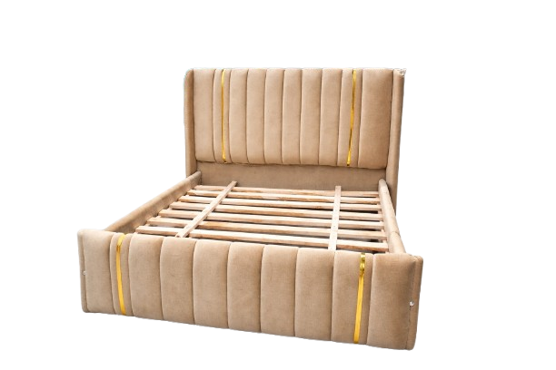(OFFER!!!) Modern Upholstered Bed Frame – Black/Beige/Brown/Grey Velvet with Vertical Panel Design & Golden Accent Straps (Without mattress) 4*6ft, 5*6ft & 6*6ft Made In Kenya