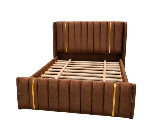(OFFER!!!) Modern Upholstered Bed Frame – Black/Beige/Brown/Grey Velvet with Vertical Panel Design & Golden Accent Straps (Without mattress) 4*6ft, 5*6ft & 6*6ft Made In Kenya