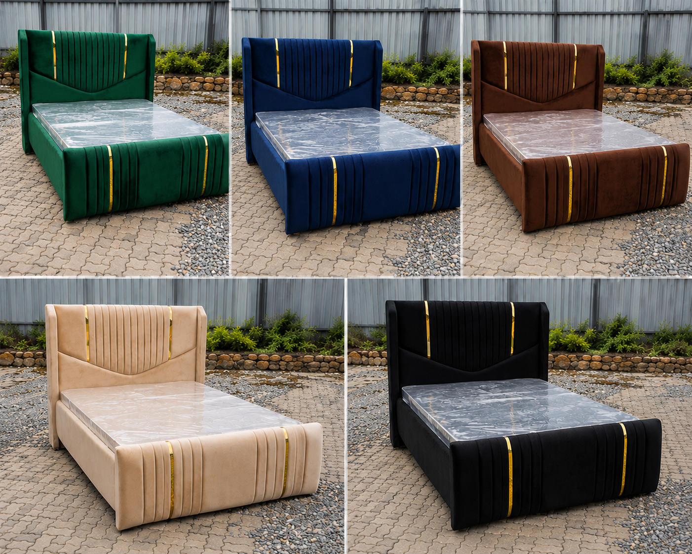 OFFER SALE! Luxury Velvet Upholstered Bed Frame with Gold Accent Strips – Modern Padded Headboard & Footboard | Available in Grey,Black,Beige,Brown,Green & Blue | Sizes 4x6ft, 5x6ft & 6x6ft No mattres