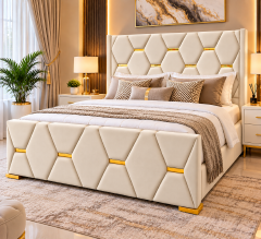 BIGGEST SALE OFFER!!!Luxury Upholstered Chester Bed with Gold Accents – Modern Tufted Velvet Bed Frame with Headboard & Footboard| Grey, Black, Beige, Brown, Green & Blue without bedding NO MATTRESS!!