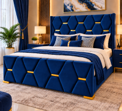 BIGGEST SALE OFFER!!!Luxury Upholstered Chester Bed with Gold Accents – Modern Tufted Velvet Bed Frame with Headboard & Footboard| Grey, Black, Beige, Brown, Green & Blue without bedding NO MATTRESS!!