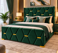 BIGGEST SALE OFFER!!!Luxury Upholstered Chester Bed with Gold Accents – Modern Tufted Velvet Bed Frame with Headboard & Footboard| Grey, Black, Beige, Brown, Green & Blue without bedding NO MATTRESS!!