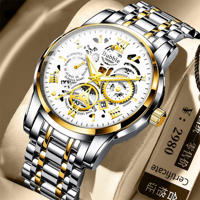 Bubble Brand Men's Skeleton Hollow Out Quartz Watch Roman Numerals Calendar Luminous Index Waterproof Stainless Steel Bracelet Luxury Trendy Versatile Business Casual Male Fashion Timepiece