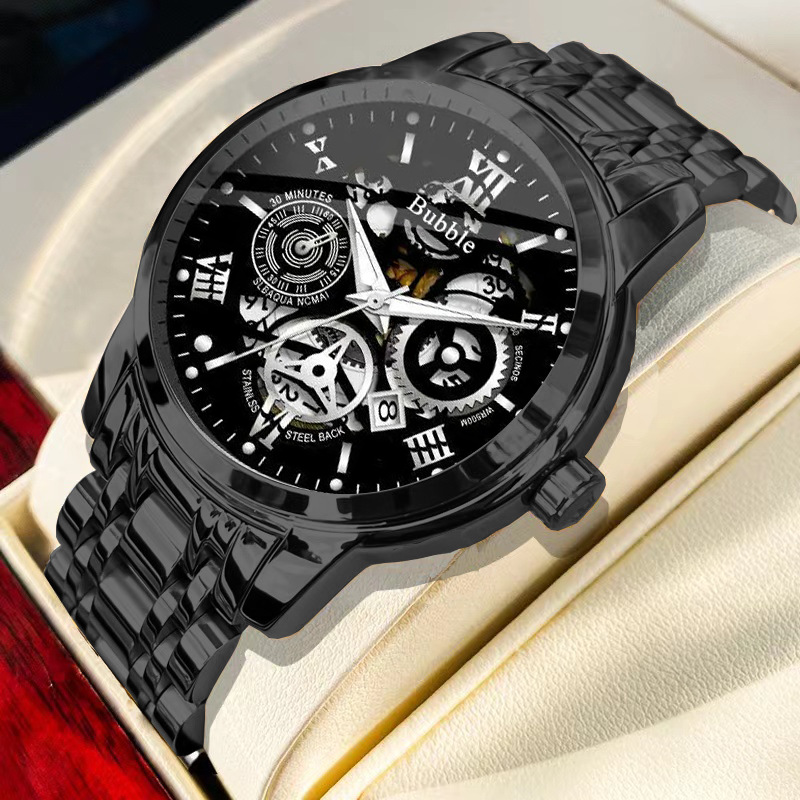 Bubble Brand Men's Skeleton Hollow Out Quartz Watch Roman Numerals Calendar Luminous Index Waterproof Stainless Steel Bracelet Luxury Trendy Versatile Business Casual Male Fashion Timepiece