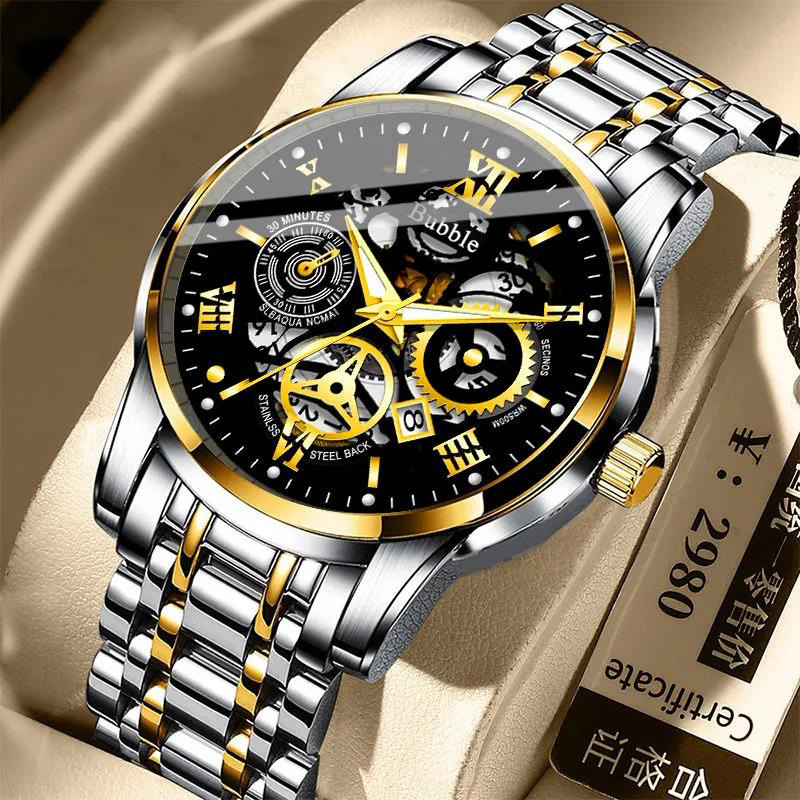 Bubble Brand Men's Skeleton Hollow Out Quartz Watch Roman Numerals Calendar Luminous Index Waterproof Stainless Steel Bracelet Luxury Trendy Versatile Business Casual Male Fashion Timepiece