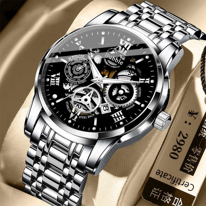 Bubble Brand Men's Skeleton Hollow Out Quartz Watch Roman Numerals Calendar Luminous Index Waterproof Stainless Steel Bracelet Luxury Trendy Versatile Business Casual Male Fashion Timepiece
