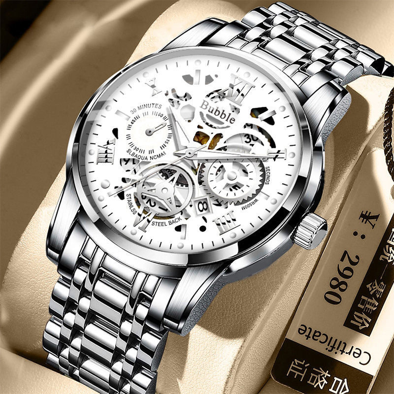 Bubble Brand Men's Skeleton Hollow Out Quartz Watch Roman Numerals Calendar Luminous Index Waterproof Stainless Steel Bracelet Luxury Trendy Versatile Business Casual Male Fashion Timepiece
